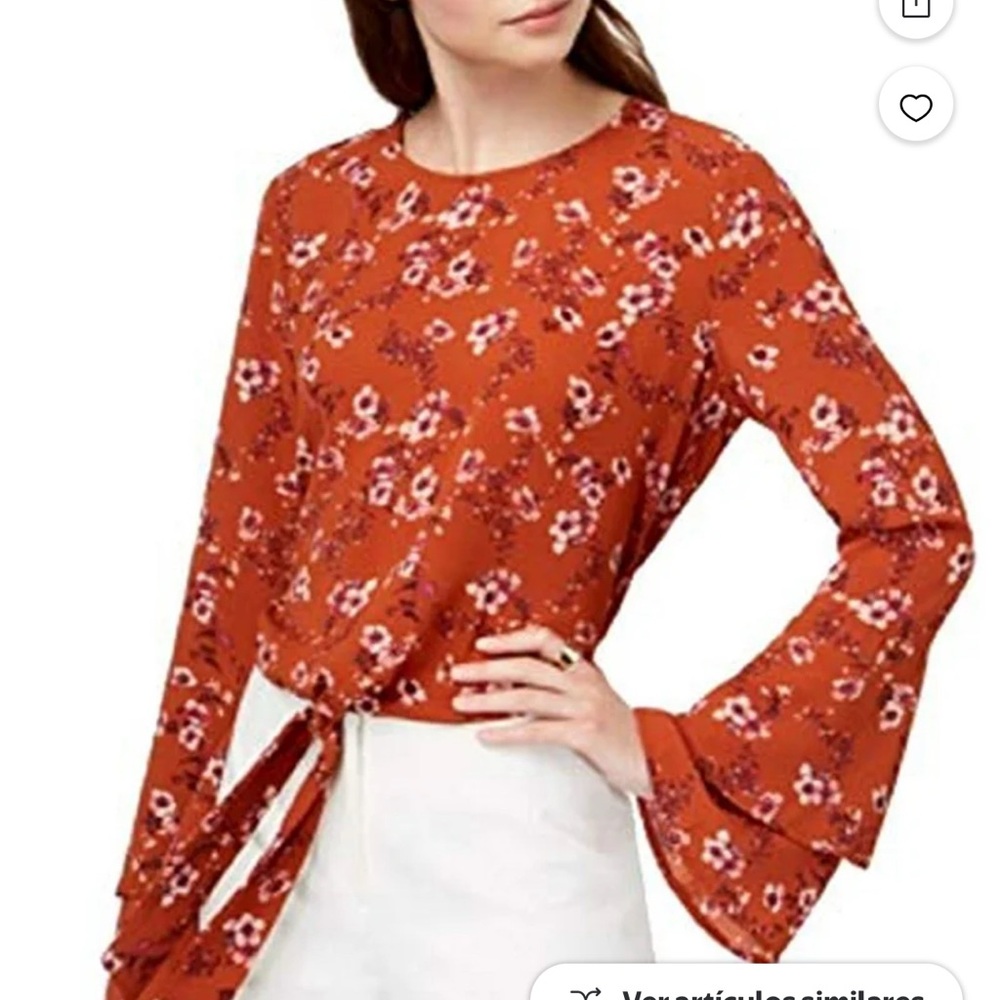 Angie Brown and Orange Bell Sleeve Blouse with Tie Front